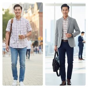 Tommy Hilfiger Classic Fit Check Button Collar Dress Shirt Short Sleeve Size L